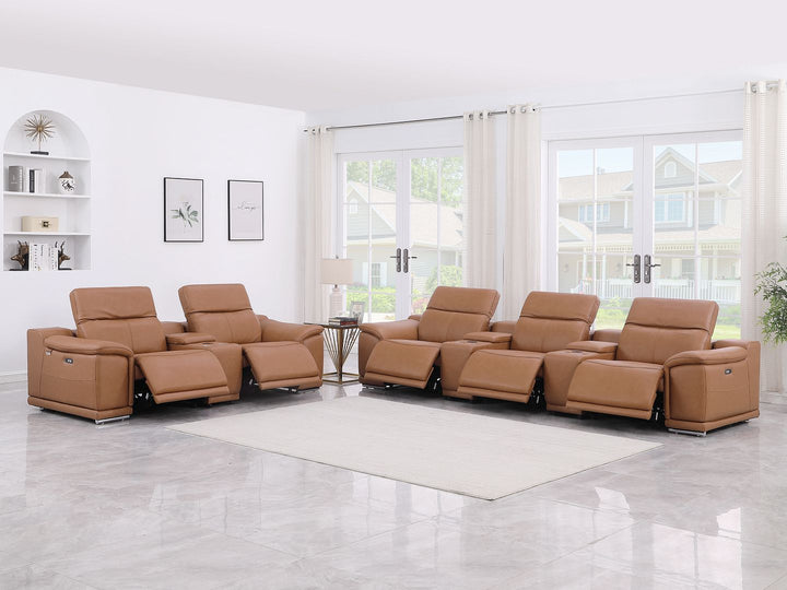 DivanItalia 9762 8-Piece Modular Power Reclining Sofa and Console Loveseat Set with Top Grain Italian Leather - Cognac