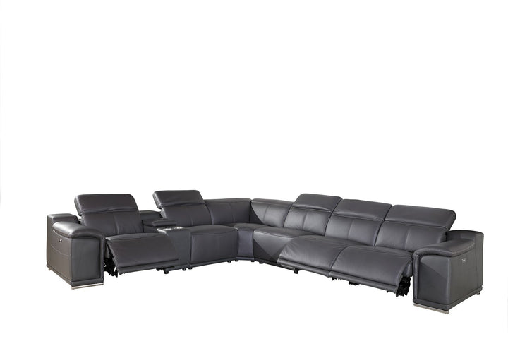 DivanItalia 9762 7-Piece L Shaped Top Grain Italian Leather Sectional Sofa with 3 Power Recliners - Dark Gray