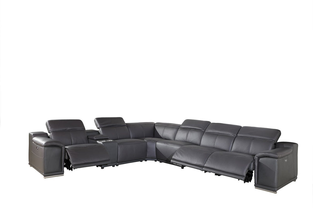 DivanItalia 9762 7-Piece L Shaped Top Grain Italian Leather Sectional Sofa with 3 Power Recliners - Dark Gray