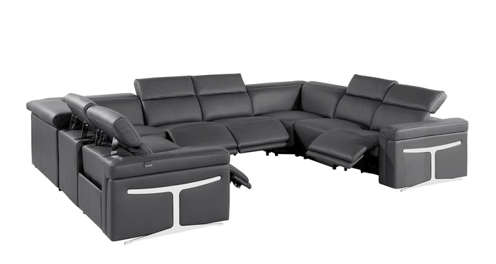 DivanItalia 1126 8-Piece U-Shaped Sectional Sofa in Top Grain Italian Leather with 4 Power Recliners &amp; Power Headrests – No Console - Dark Gray