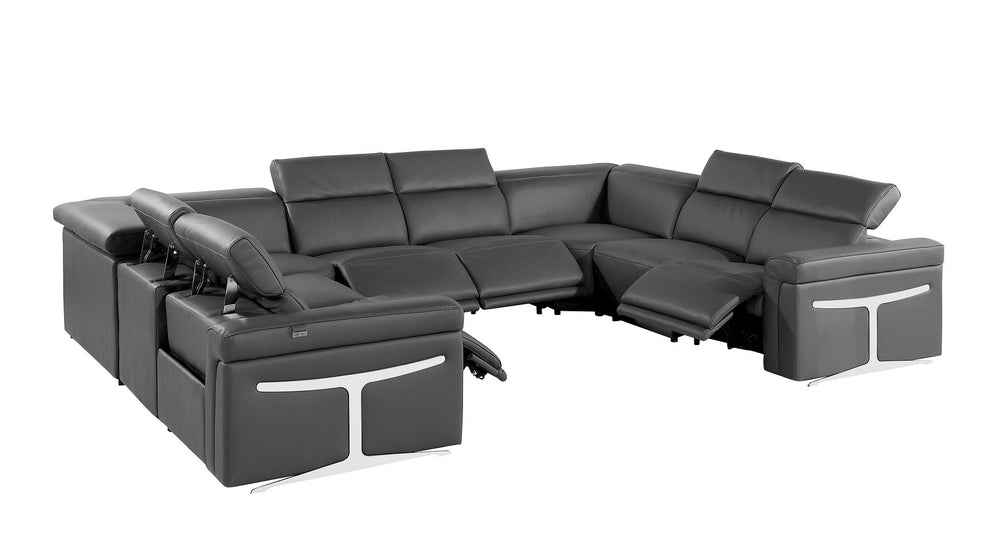 DivanItalia 1126 8-Piece U-Shaped Sectional Sofa in Top Grain Italian Leather with 4 Power Recliners & Power Headrests – No Console - Dark Gray