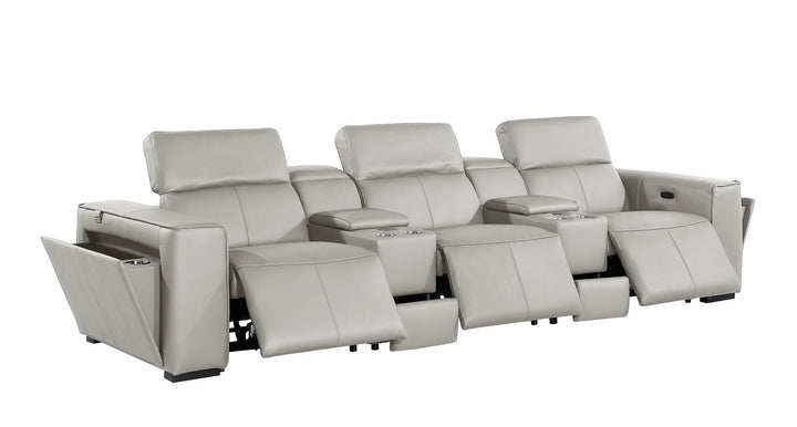 DivanItalia 1224 5-Piece Modular Power Reclining Sofa in Top Grain Italian Leather with 3 Power Recliners &amp; Power Headrests - Light Gray