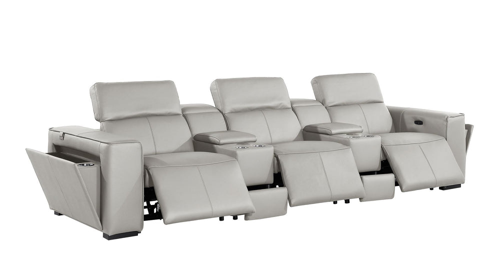 DivanItalia 1224 5-Piece Modular Power Reclining Sofa in Top Grain Italian Leather with 3 Power Recliners & Power Headrests - Light Gray