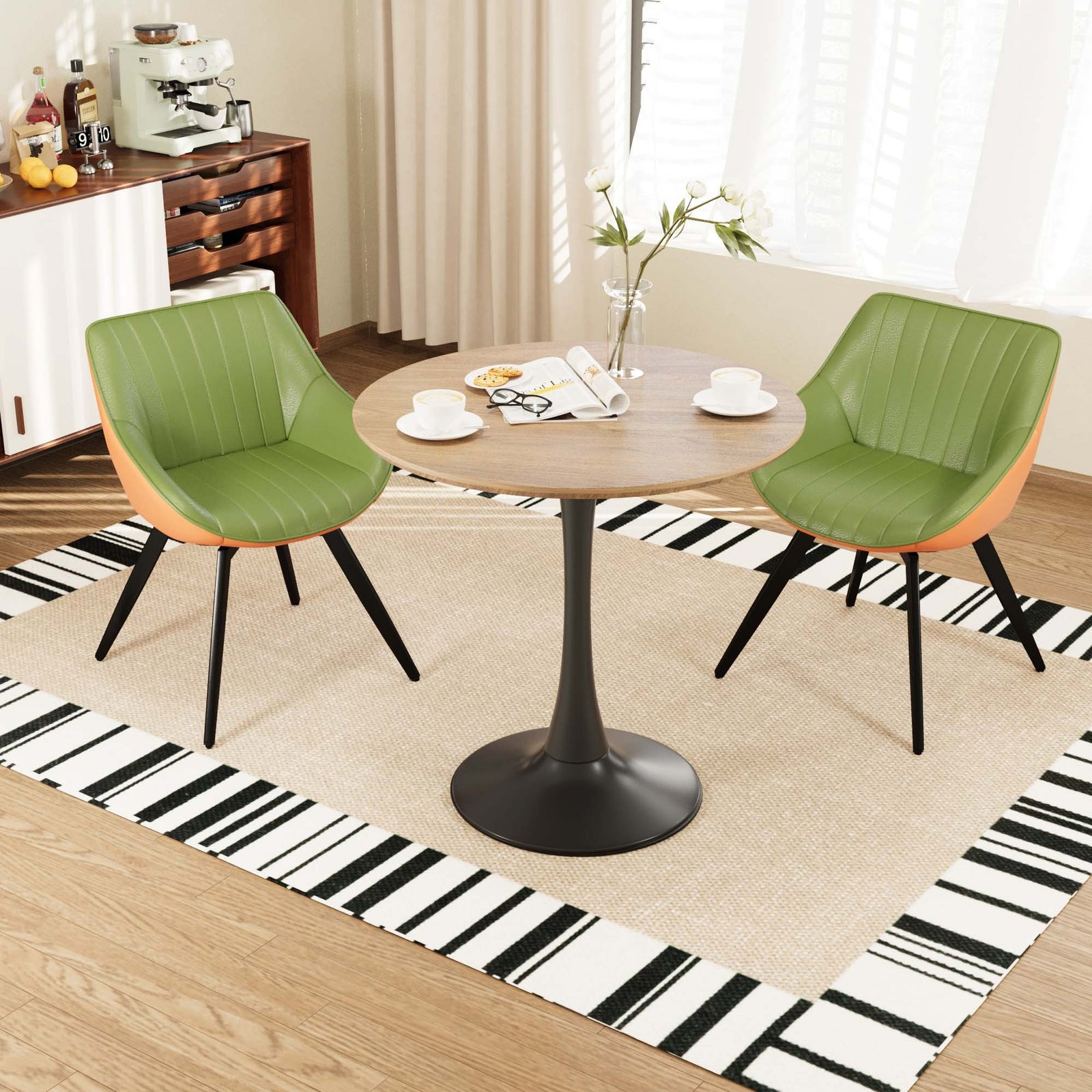 Mid-Century Modern 3-Piece Round Tulip Dining Table Set in Walnut & Green Vegan Leather