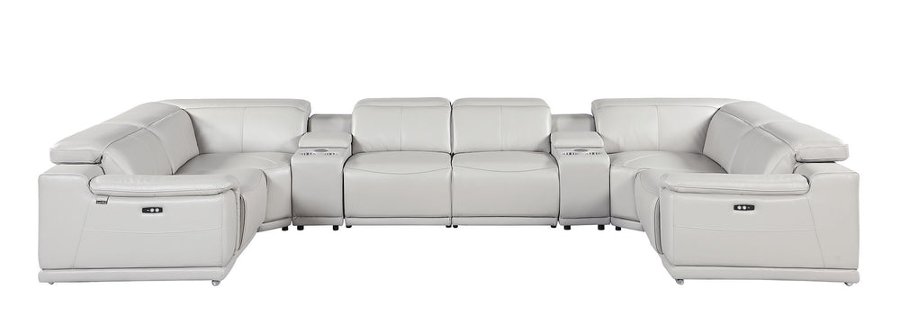 DivanItalia 9762 8-Piece U Shaped Top Grain Italian Leather Sectional Sofa with 4 Power Recliners – with Console - Light Gray