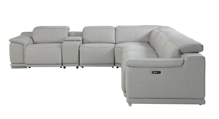 DivanItalia 9762 7-Piece L Shaped Top Grain Italian Leather Sectional Sofa with 3 Power Recliners - Light Gray