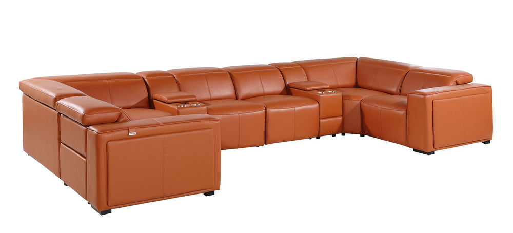 DivanItalia 1224 8-Piece U-Shaped Sectional Sofa in Top Grain Italian Leather with 4 Power Recliners & Power Headrests – with Console - Camel