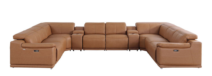 DivanItalia 9762 10-Piece U Shaped Top Grain Italian Leather Sectional Sofa with 4 Power Recliners - Cognac