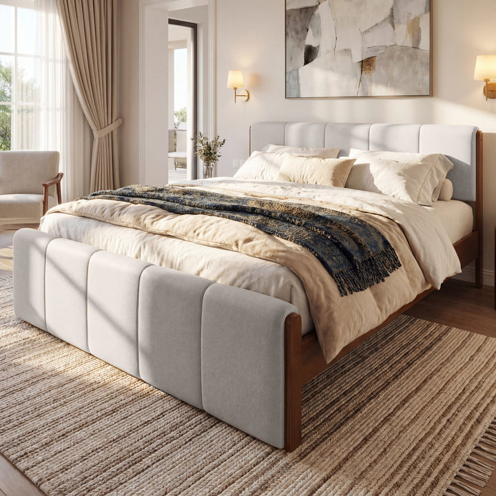 Paneled Upholstered Queen Bed – Grey &amp; Walnut