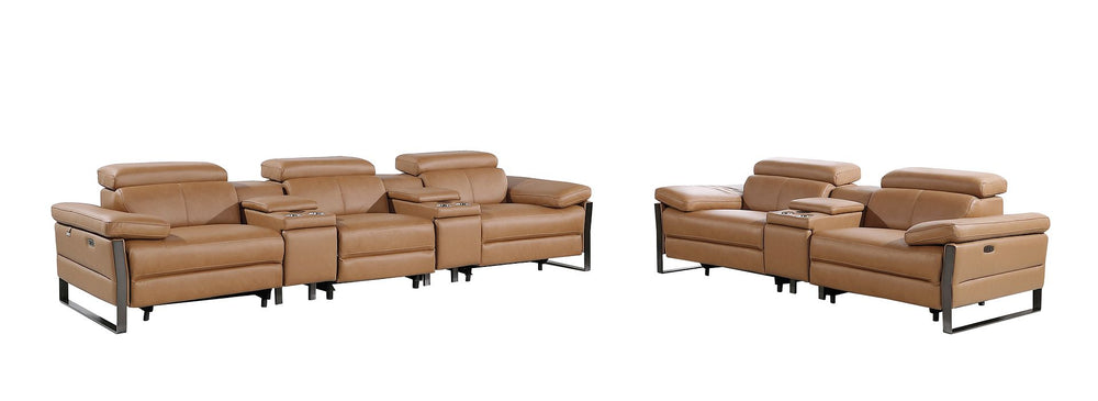 DivanItalia 1246 Modular Power Reclining Dual Console Sofa and Console Loveseat Set with Power Headrests – Top Grain Italian Leather - Cognac