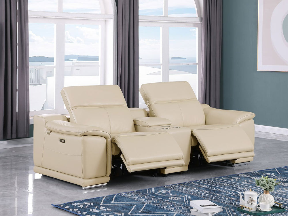 DivanItalia 9762 3-Piece Modular Power Reclining Console Loveseat with 2 Power Recliners in Top Grain Italian Leather - Beige