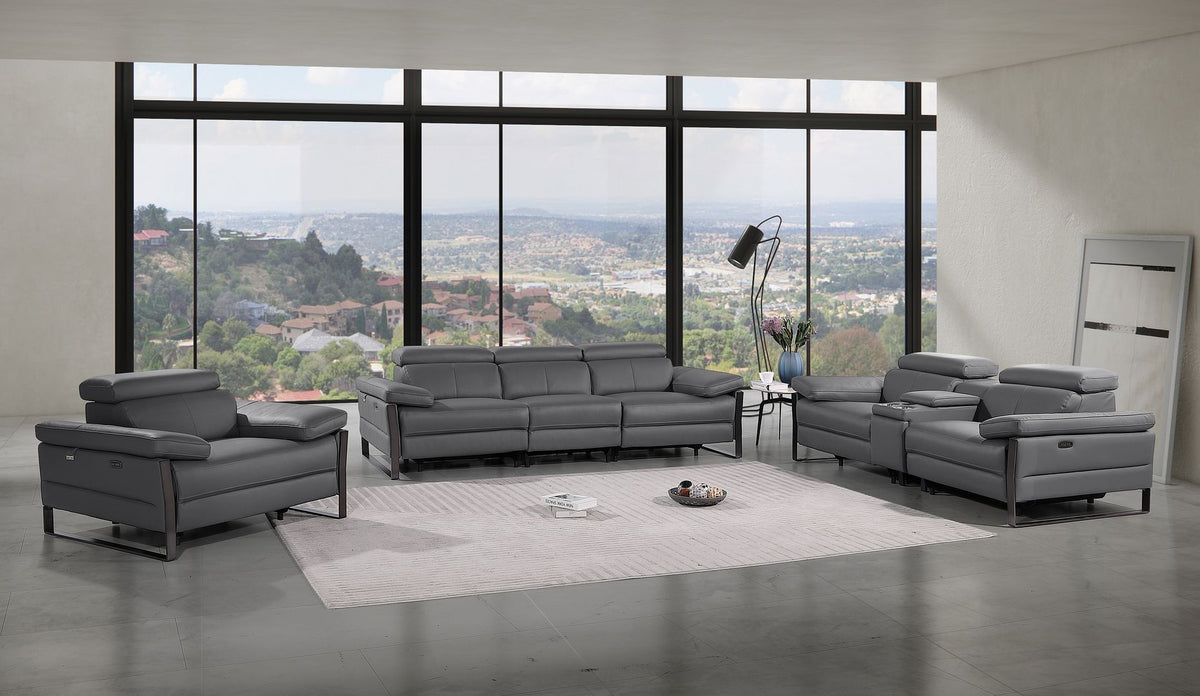 DivanItalia 1246 Modular Power Dual Reclining Sofa, Console Loveseat, and Chair Set with Power Headrests – Top Grain Italian Leather - Dark Gray