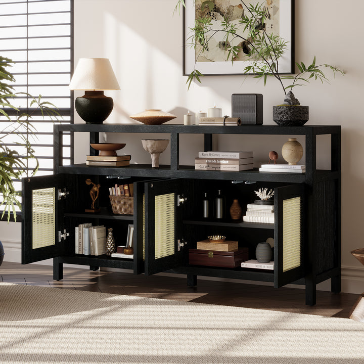 bohemian-style-rattan-sideboard-or-buffet-storage-cabinet-with-solid-wood-frame-black