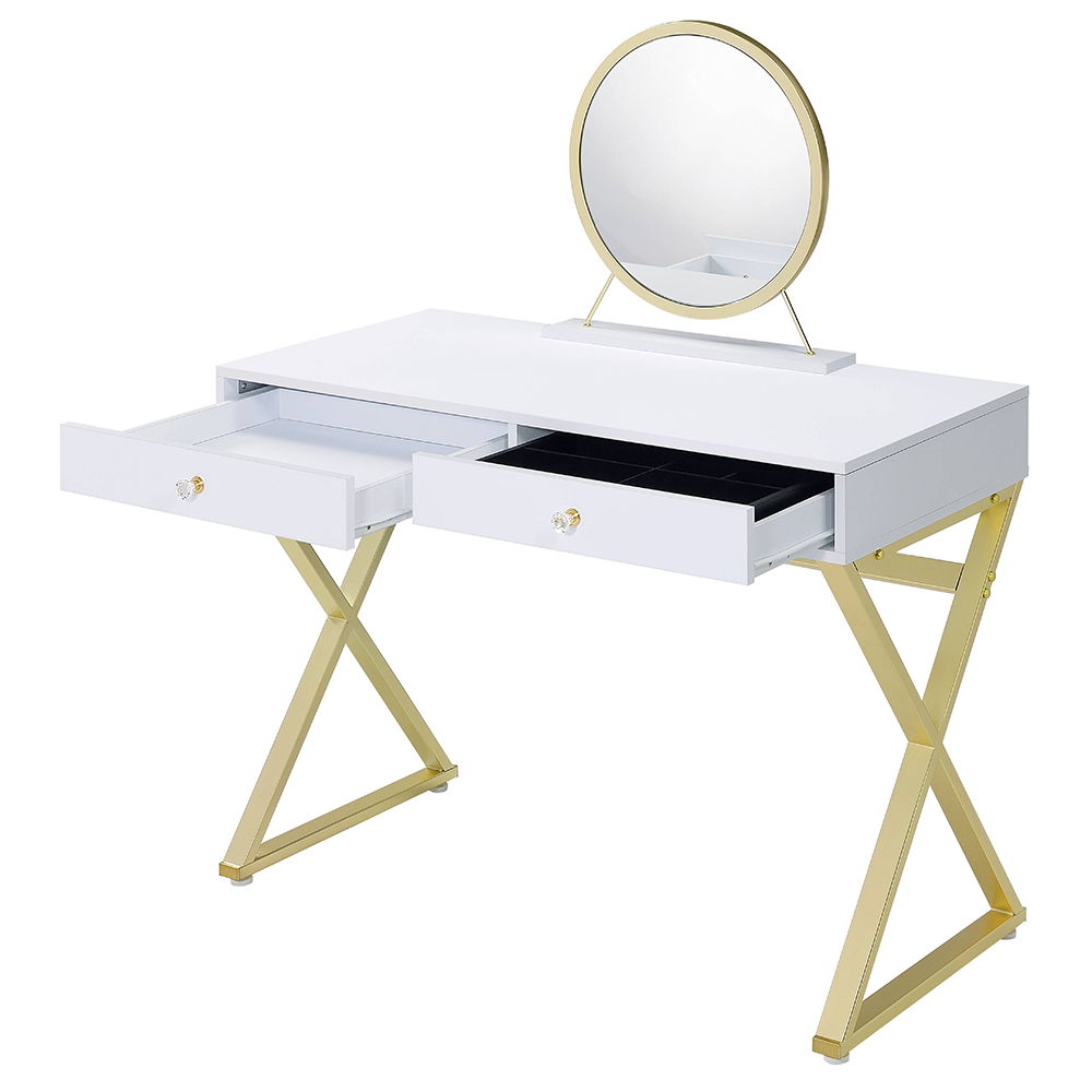 Coleen - Vanity Desk With Mirror & Jewelry Tray - White & Gold