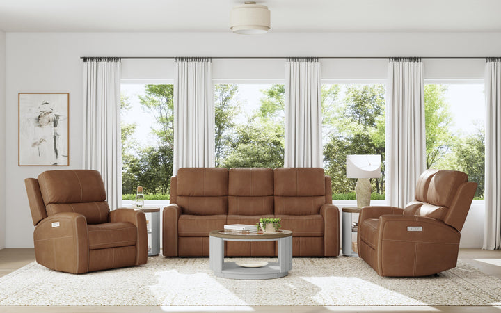 Linden Leather Power Reclining Loveseat with Power Headrests &amp; Lumbar in Caramel