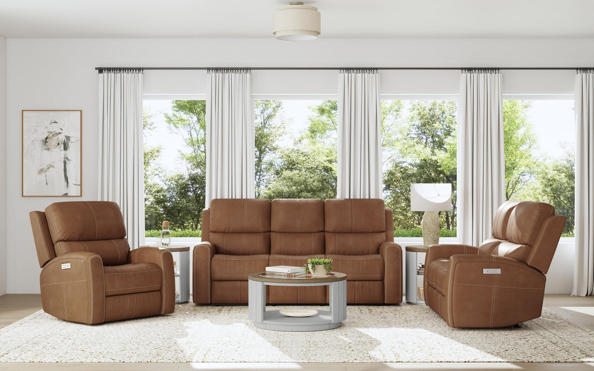 Linden Leather Power Reclining Sofa with Power Headrests & Lumbar in Caramel