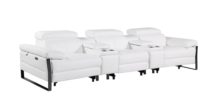 DivanItalia 1246 Modular Power Triple Reclining Dual Console Sofa with Power Reclining Headrests – Top Grain Italian Leather - White