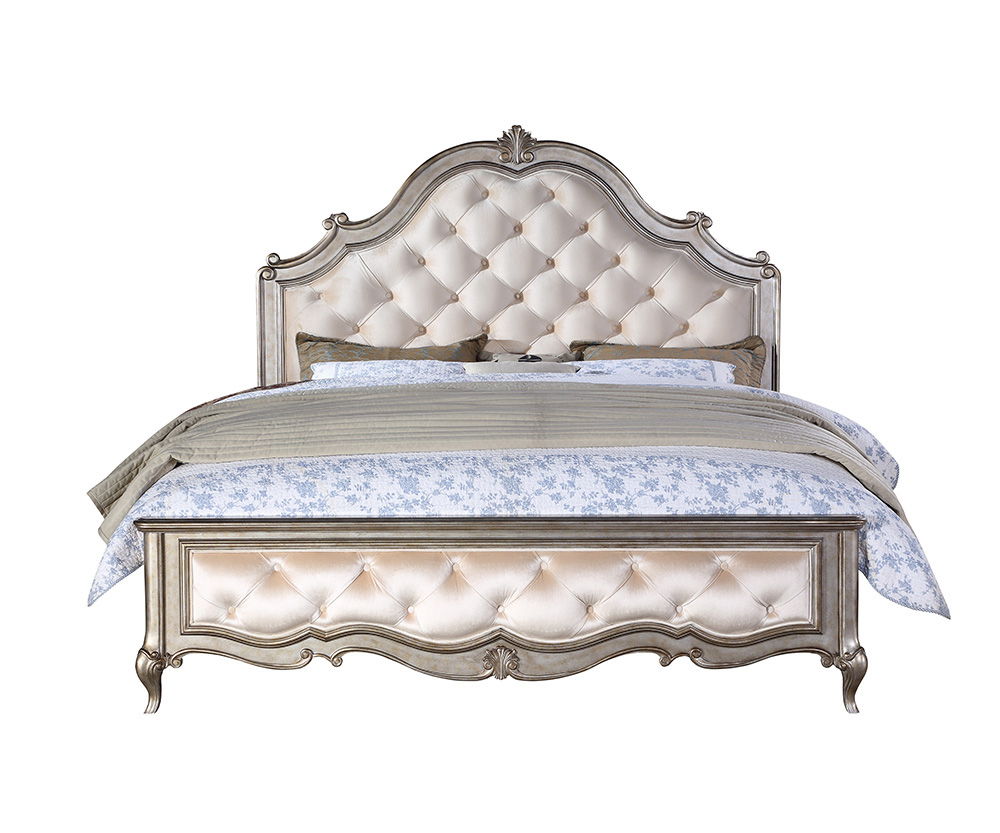Esteban - Eastern King Bed - Ivory Velvet & Antique Champagne