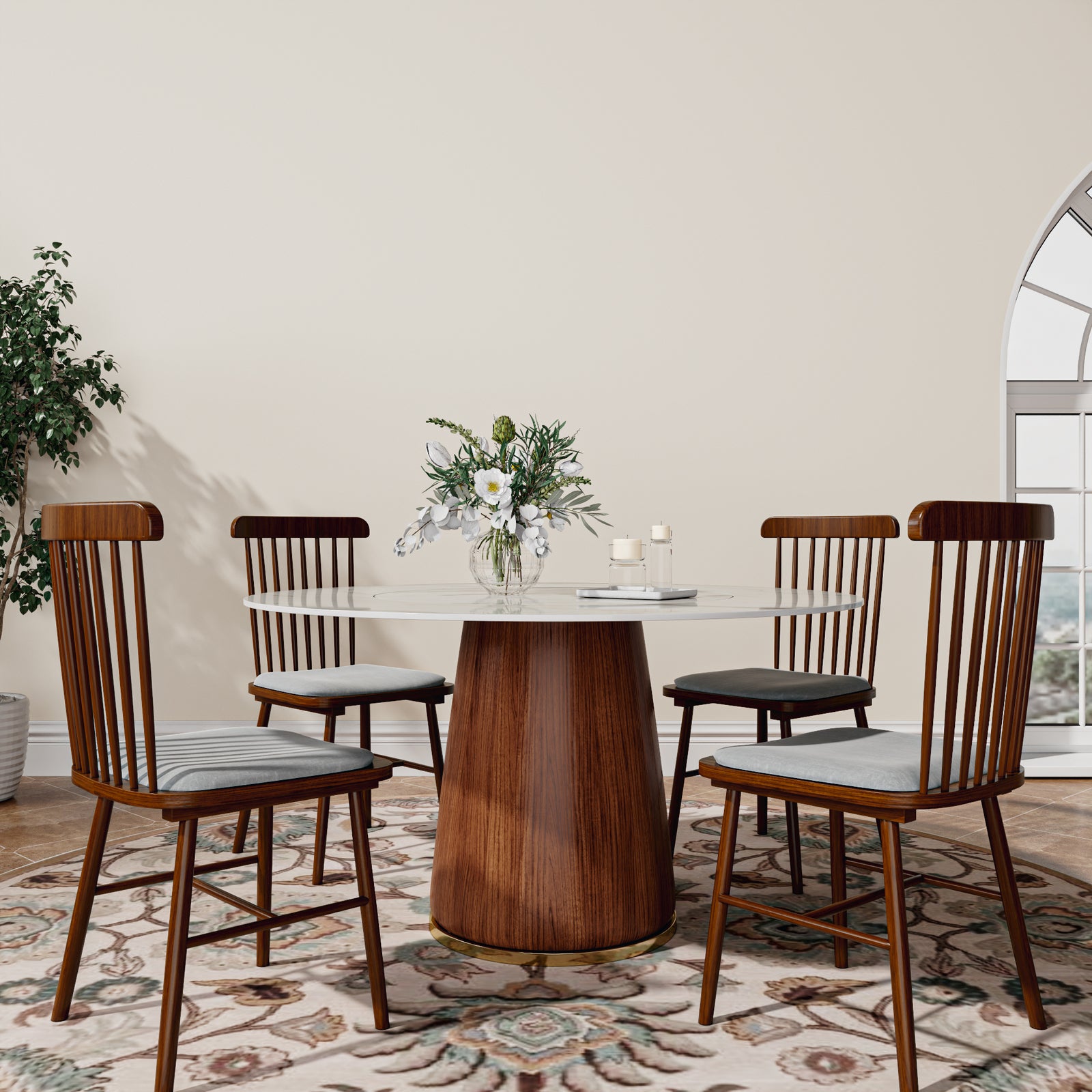 White Grey Modern Round Kitchen Table with Built-In Lazy Susan