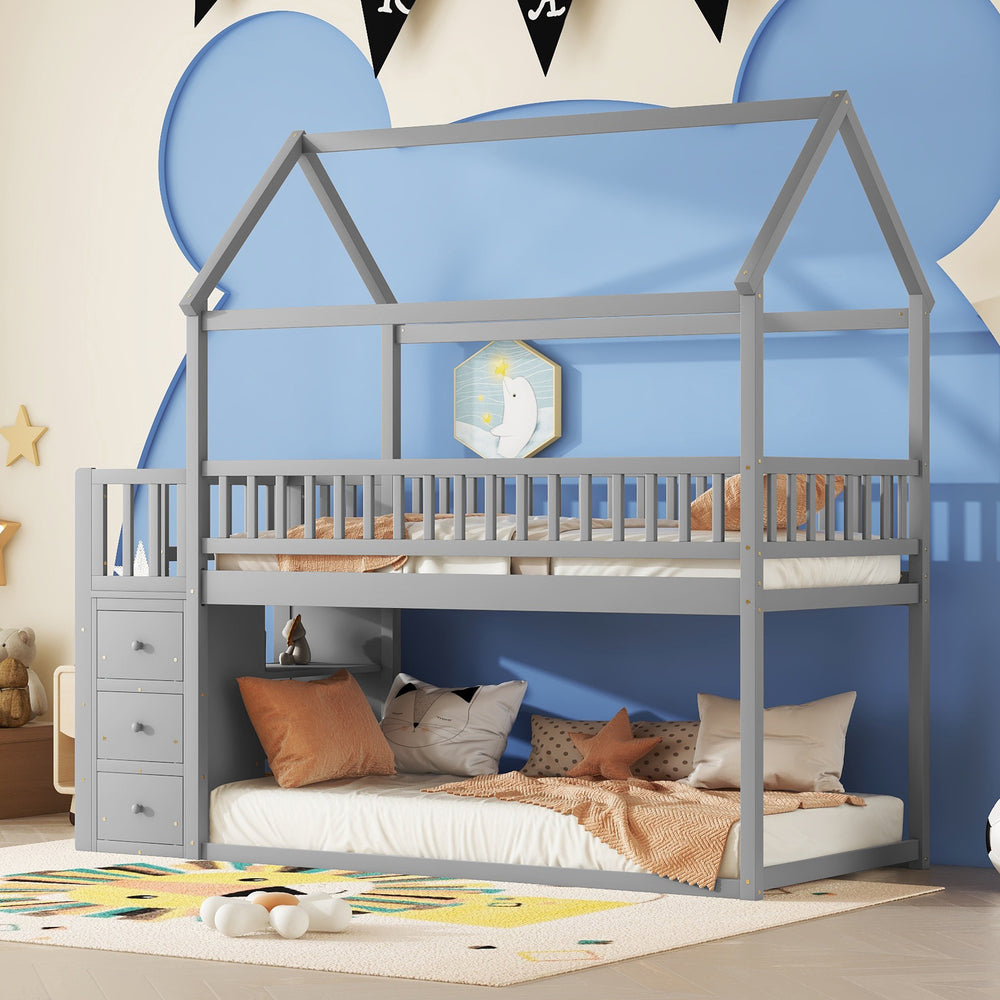 twin-twin-house-bunk-bed-with-shelves-and-drawers-grey-color