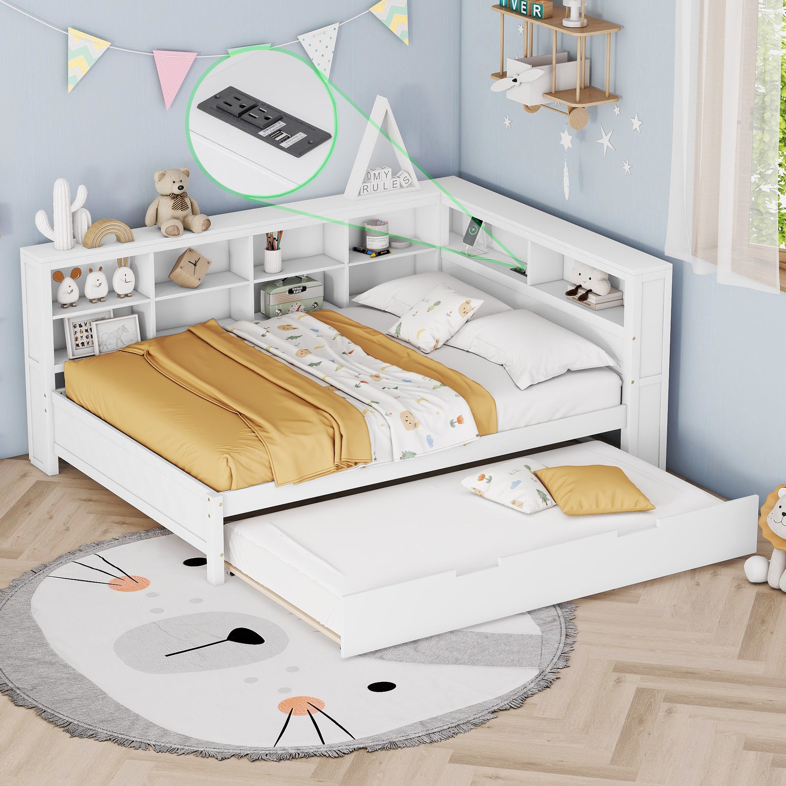 DayBed with Storage Shelf and USB Charging Ports, White