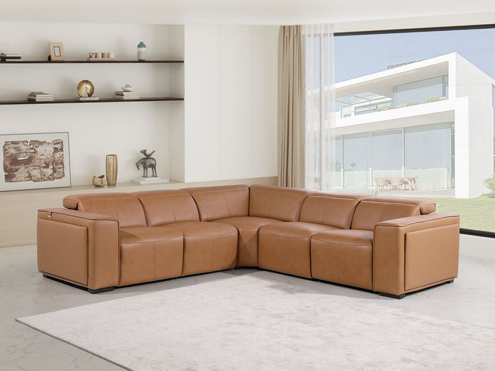 DivanItalia 1224 5-Piece L-Shaped Sectional Sofa in Top Grain Italian Leather with 3 Power Recliners &amp; Power Headrests - Cognac