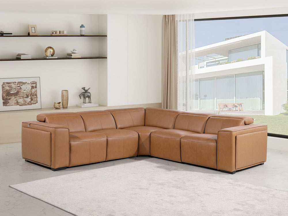 DivanItalia 1224 5-Piece L-Shaped Sectional Sofa in Top Grain Italian Leather with 3 Power Recliners & Power Headrests - Cognac