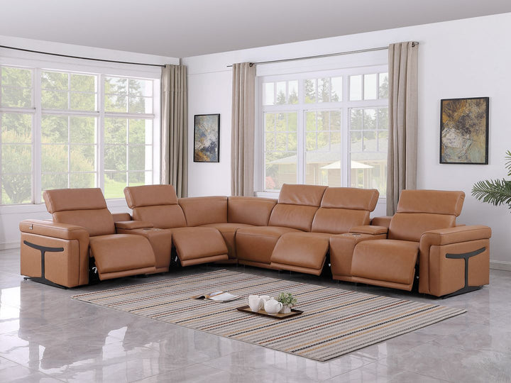 DivanItalia 1126 8-Piece L-Shaped Sectional Sofa in Top Grain Italian Leather with 4 Power Recliners &amp; Power Headrests - Cognac