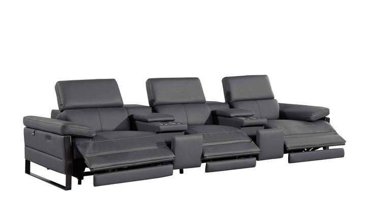 DivanItalia 1246 Modular Power Triple Reclining Dual Console Sofa with Power Reclining Headrests – Top Grain Italian Leather - Dark Gray