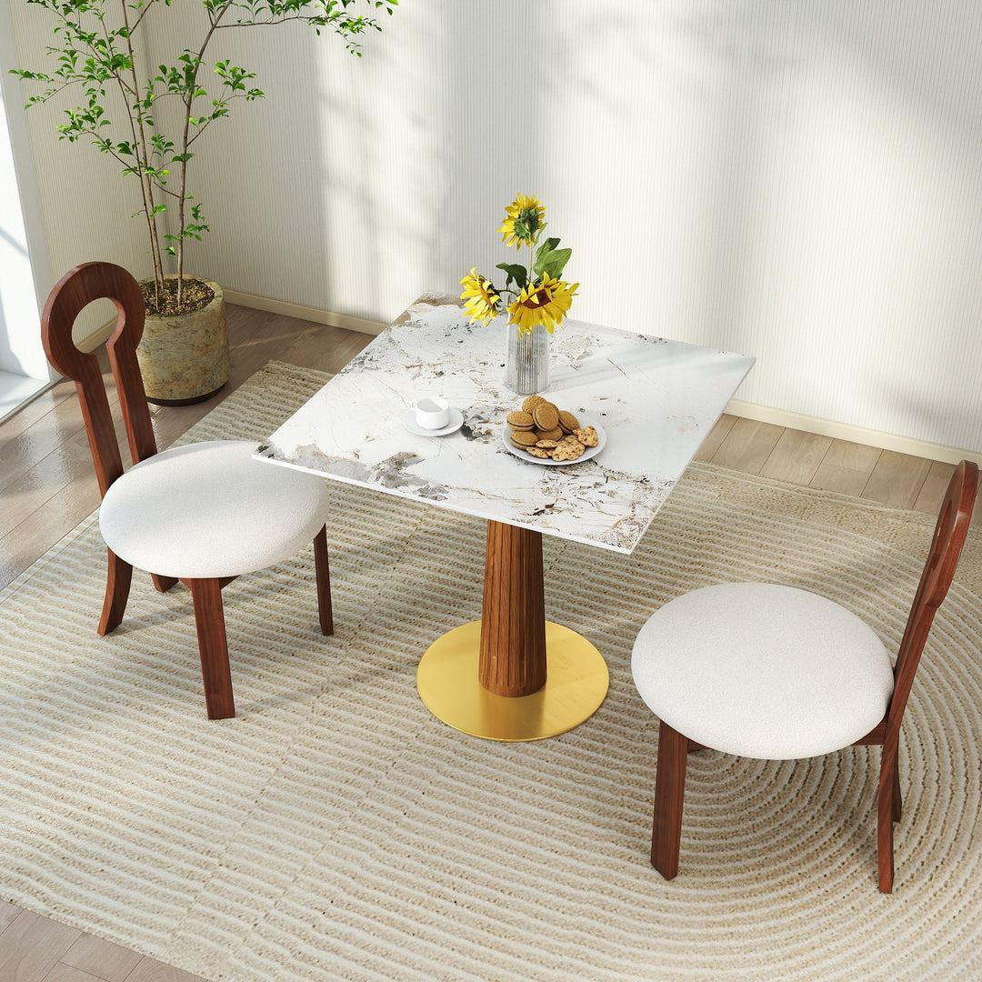 Modern Square Sintered Stone Dining Table with Wooden Leg & Gold Base, Brown-White