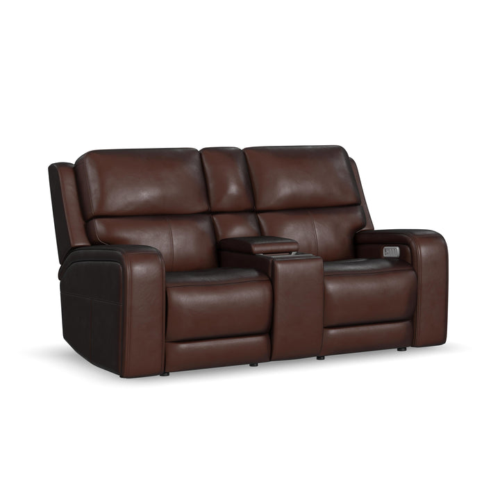 Oasis Leather Power Reclining Loveseat with Console, Power Headrests, Lumbar, Heat &amp; Massage in Truffle