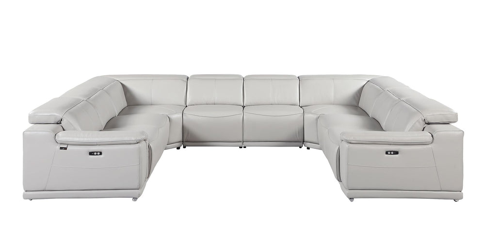 DivanItalia 9762 8-Piece U Shaped Top Grain Italian Leather Sectional Sofa with 4 Power Recliners – No Console - Light Gray