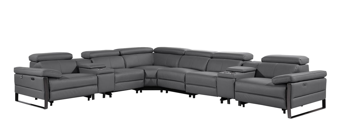 DivanItalia 1246 8-Piece L-Shaped Modular Power Reclining Sectional with 3 Power Recliners and Power Headrests – Top Grain Italian Leather - Dark Gray