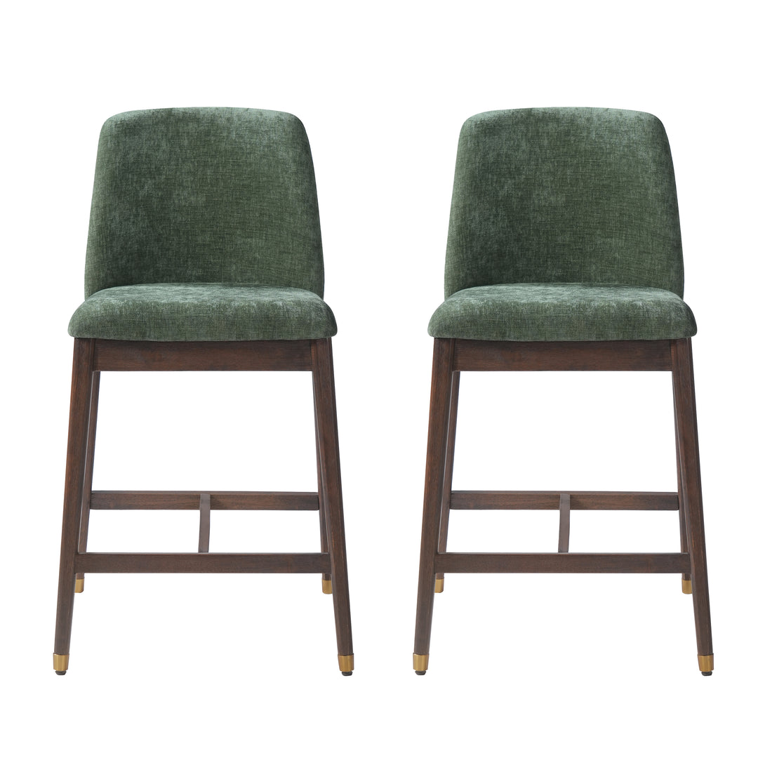 Clara Chenille Counter Stool – Green &amp; Walnut (Set of 2)