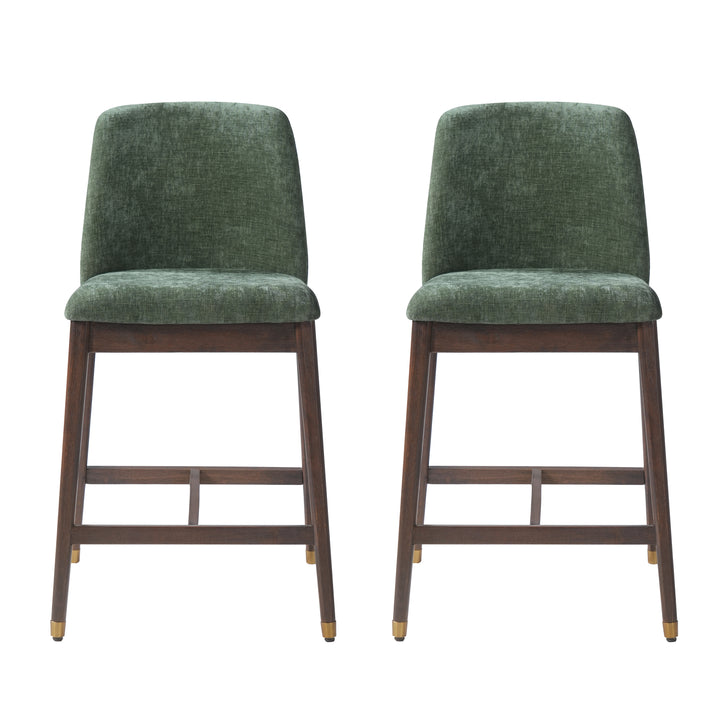 Clara Chenille Counter Stool – Green &amp; Walnut (Set of 2)