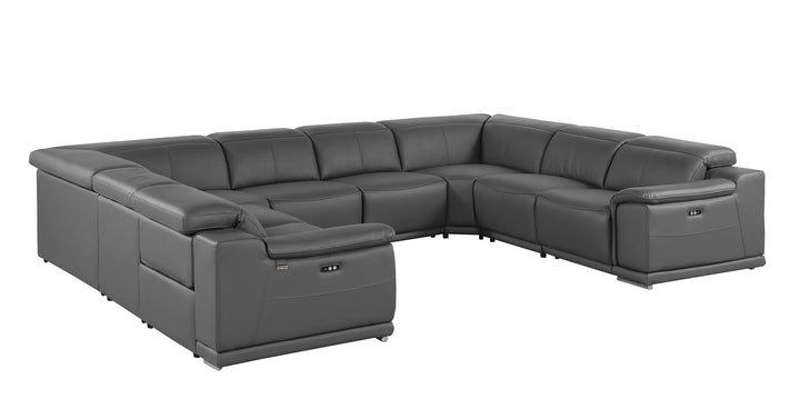 DivanItalia 9762 8-Piece U Shaped Top Grain Italian Leather Sectional Sofa with 4 Power Recliners – No Console - Dark Gray