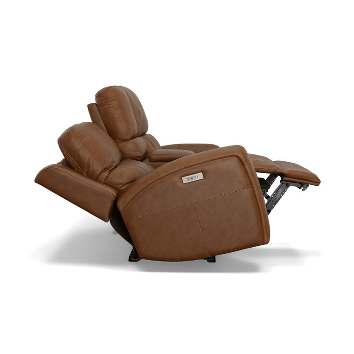 Linden Leather Power Reclining Loveseat with Console &amp; Power Headrests &amp; Lumbar in Caramel