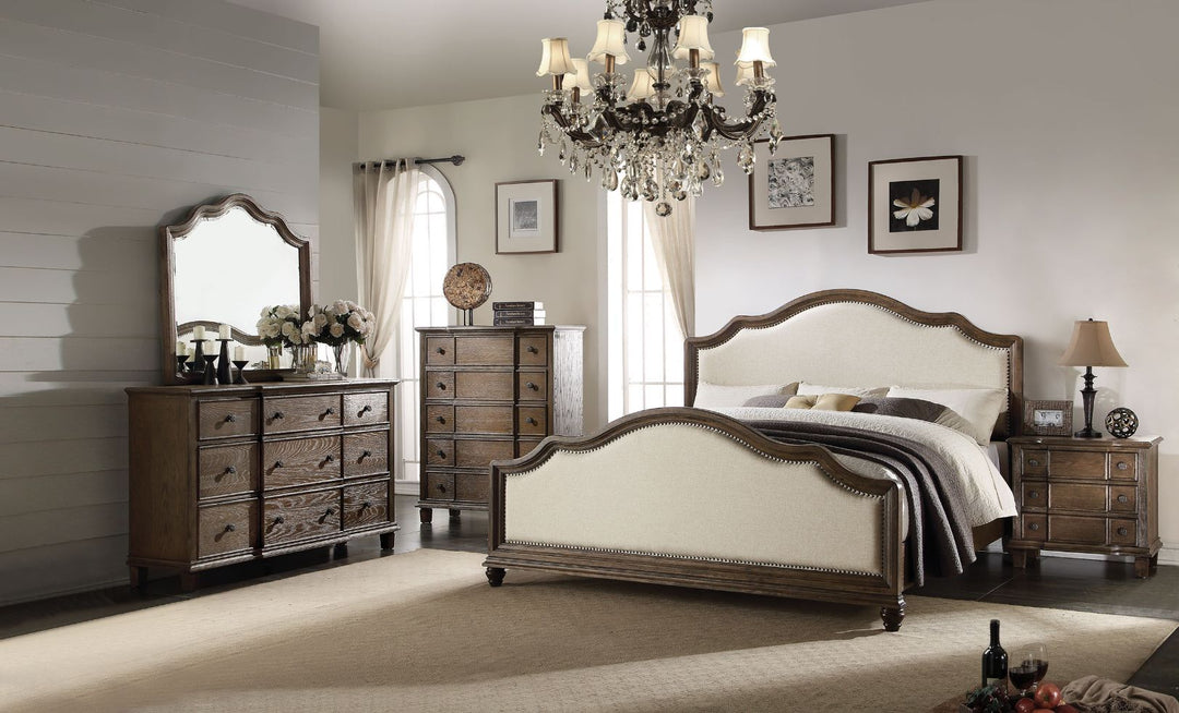 Baudouin - Queen Bed - Beige Linen & Weathered Oak