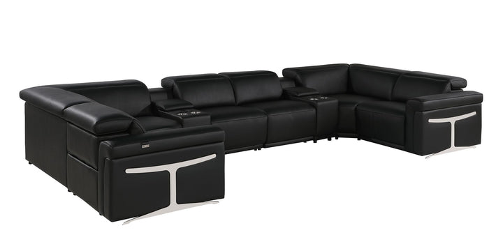 DivanItalia 1126 8-Piece U-Shaped Sectional Sofa in Top Grain Italian Leather with 4 Power Recliners &amp; Power Headrests – with Console - Black