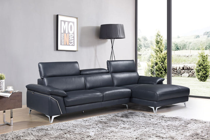 DivanItalia 727 Right Arm Facing Sectional with Adjustable Headrest in Top-Grain Italian Leather - Navy