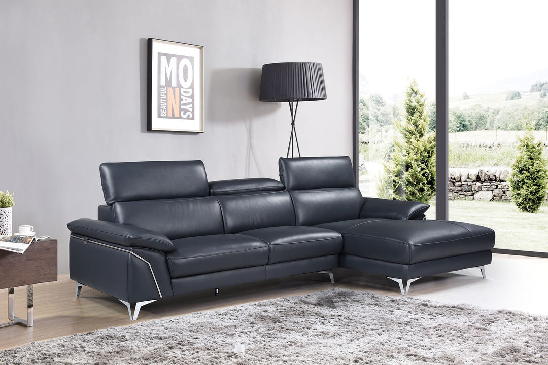 DivanItalia 727 Right Arm Facing Sectional with Adjustable Headrest in Top-Grain Italian Leather - Navy