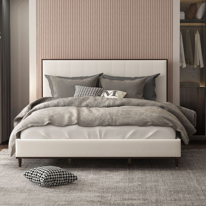 Carena - Queen Bed - Light Gray Fabric & White & Brown
