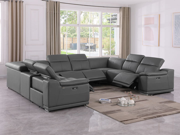 DivanItalia 9762 8-Piece U Shaped Top Grain Italian Leather Sectional Sofa with 4 Power Recliners – No Console - Dark Gray