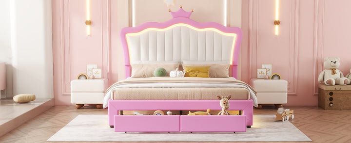 full-size-upholstered-princess-bed-frame-with-led-lights-crown-headboard-and-2-drawers-pink-white