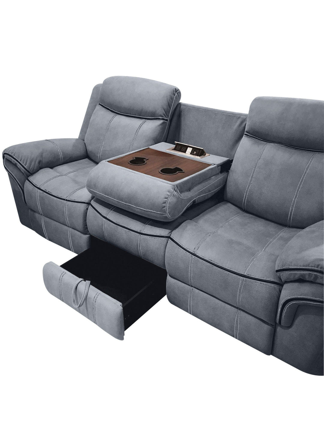 Zubaida - Two Tone Velvet Recliner Sofa With USB Port Drop Down Table - Gray