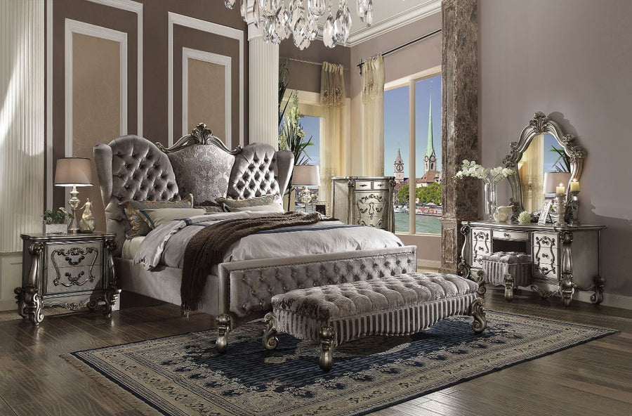 ACME Furniture Versailles Queen Bed Velvet & Antique Platinum