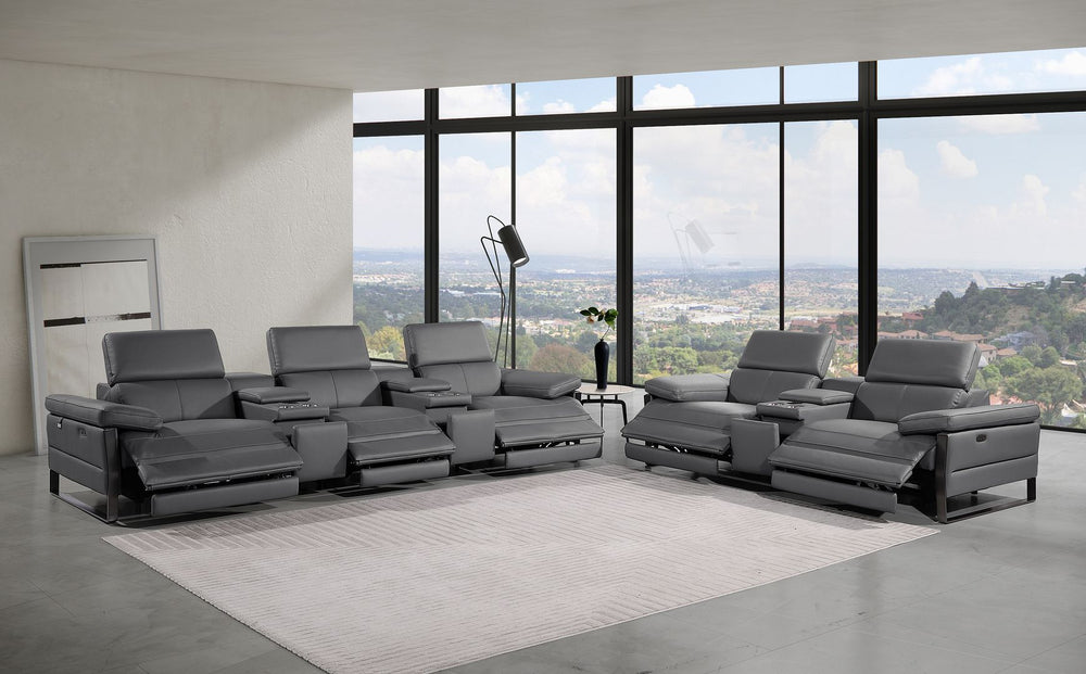 DivanItalia 1246 Modular Power Reclining Dual Console Sofa and Console Loveseat Set with Power Headrests – Top Grain Italian Leather - Dark Gray