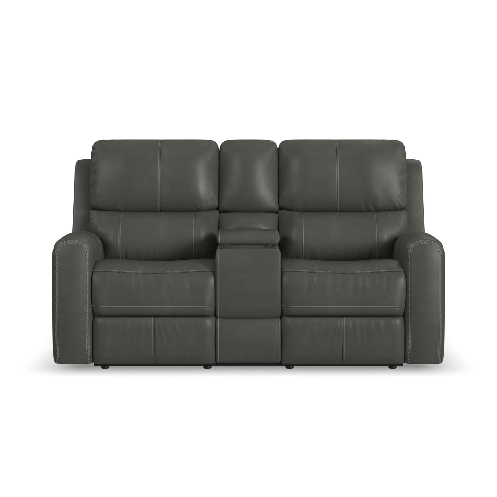Linden Leather Power Reclining Loveseat With Console & Power Headrests & Lumbar - Charcoal