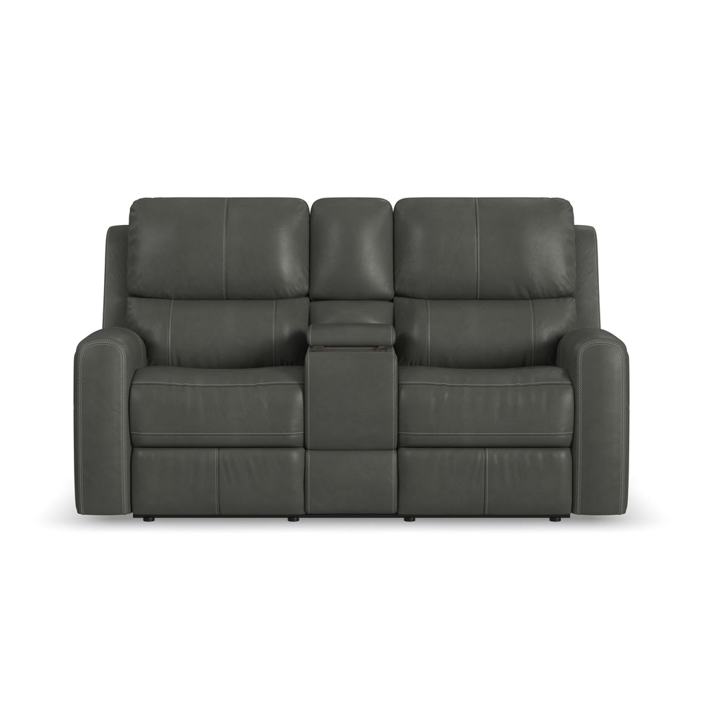 Linden Leather Power Reclining Loveseat with Console & Power Headrests & Lumbar in Charcoal