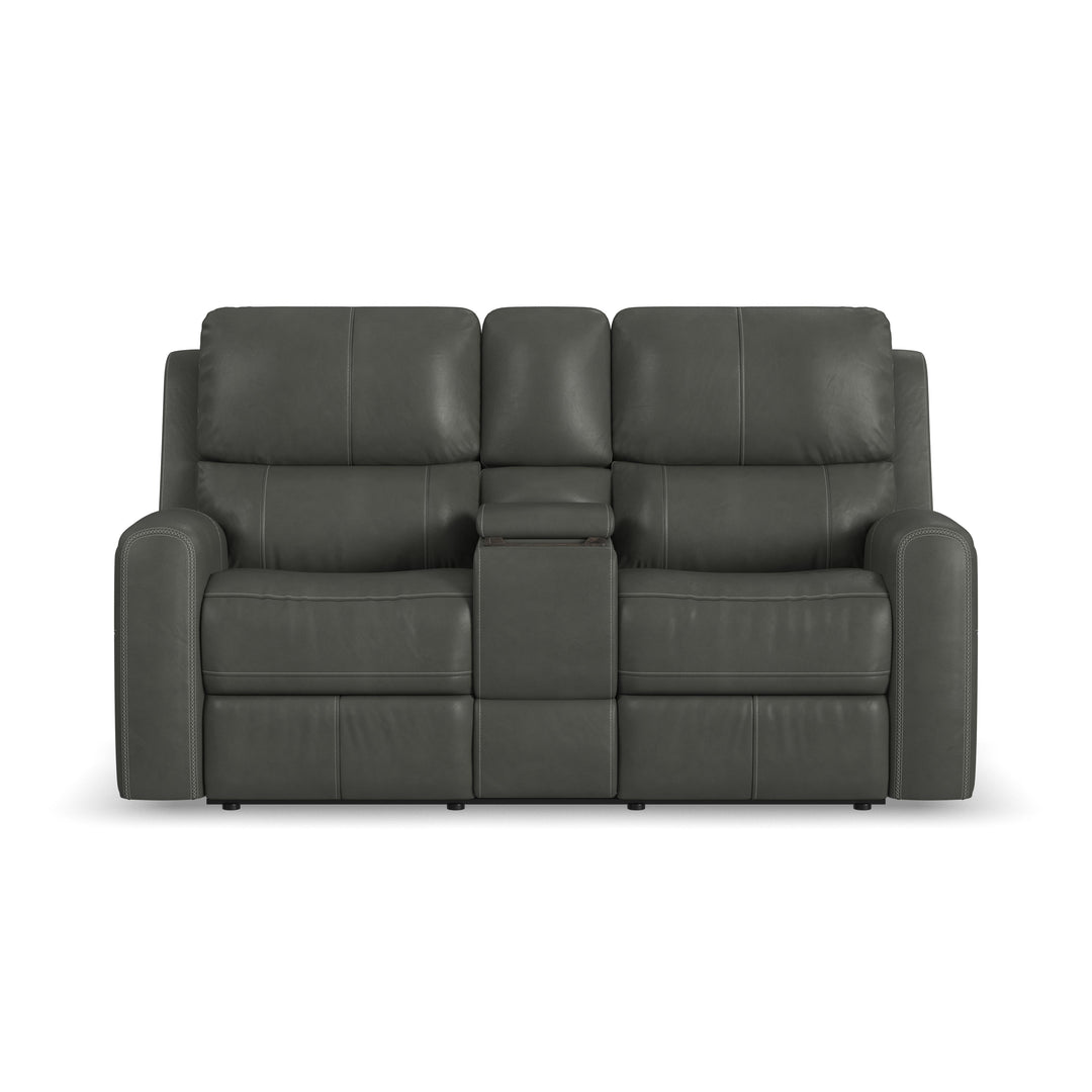 Linden Leather Power Reclining Loveseat With Console & Power Headrests & Lumbar - Charcoal